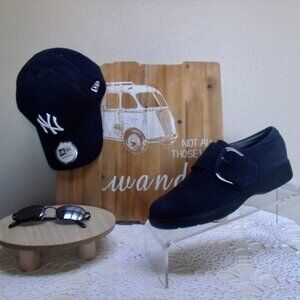 ECCO Wave Navy Blue Suede Monk Strap Slip On Comfort Flats NWT 6.5 EU 37